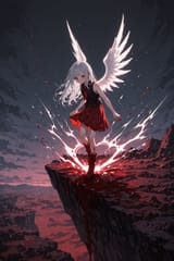 140487-1926585448-[preteen girl long hair silver hair red eyes freckles_0.1], (dynamic spell_1.5), blood sitting on a cliff, vest tie, sleeveless