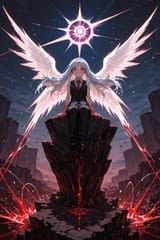 140488-2579145058-[preteen girl long hair silver hair red eyes freckles_0.1], (dynamic spell_1.5), blood sitting on a cliff, vest tie, sleeveless