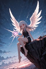 140497-3794789888-[preteen girl long hair silver hair red eyes freckles_0.1], (dynamic spell_1.5), sitting on a cliff, vest tie, sleeveless shirt,