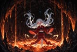 140532-1890795091-[preteen girl long hair silver hair red eyes freckles_0.1], kimono, midriff, (dynamic flowing cave_1.5), cute laugh