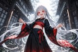 140544-1938394666-[preteen girl long hair silver hair red eyes freckles_0.1], kimono, midriff, (dynamic flowing realism_1.5), cute laugh