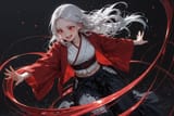 140550-3415679436-[preteen girl long hair silver hair red eyes freckles_0.1], kimono, midriff, (dynamic flowing realism_1.9), cute laugh