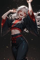 140551-2669159684-[preteen girl long hair silver hair red eyes freckles_0.1], kimono, midriff, (dynamic realism_1.9), cute laugh