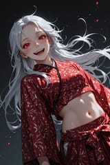 140552-2669159685-[preteen girl long hair silver hair red eyes freckles_0.1], kimono, midriff, (dynamic realism_1.9), cute laugh