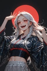 140553-2669159686-[preteen girl long hair silver hair red eyes freckles_0.1], kimono, midriff, (dynamic realism_1.9), cute laugh