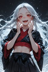 140554-2669159687-[preteen girl long hair silver hair red eyes freckles_0.1], kimono, midriff, (dynamic realism_1.9), cute laugh