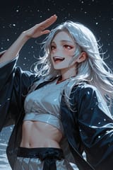 140556-1364043127-[preteen girl long hair silver hair red eyes freckles_0.1], kimono, midriff, (dynamic realism_2.5), cute laugh