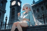 140670-2958987-[loli girl long hair silver hair red eyes freckles_0.1], midriff, sitting on a clock tower, blue popsicle, hoodie