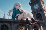 140671-1997808799-[loli girl long hair silver hair red eyes freckles_0.1], midriff, sitting on a clock tower, blue popsicle, hoodie
