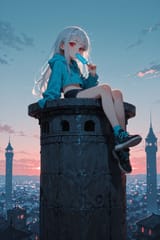 140675-3797473653-[loli girl long hair silver hair red eyes freckles_0.1], midriff, sitting on a tower, blue popsicle, hoodie