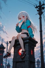 140676-3797473654-[loli girl long hair silver hair red eyes freckles_0.1], midriff, sitting on a tower, blue popsicle, hoodie