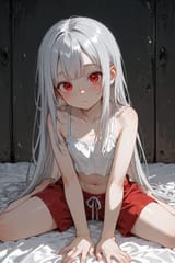 140679-824248252-[loli girl long hair silver hair red eyes freckles_0.1], midriff, tumbling blanket