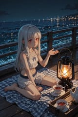 140693-4189161235-[loli girl long hair silver hair red eyes freckles_0.1], midriff, (tumbling_1.5) from blanket, harbour docks picnic, tea set, ni