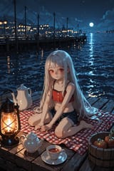 140694-4189161236-[loli girl long hair silver hair red eyes freckles_0.1], midriff, (tumbling_1.5) from blanket, harbour docks picnic, tea set, ni