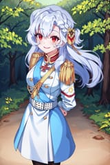 00418-263233660-best quality, _lora_alpha1918_1_ alpha1918, 1girl, cowboy shot, from above, military uniform, smile, red eyes, arms behind back,