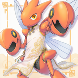 No humans, pokemon, Scizor, china dress, skirt lift, full body, flying s-579264573