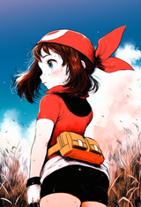 1girl, May (pokemon), from below, bike shorts, thick thighs, standing, from side s-742078703