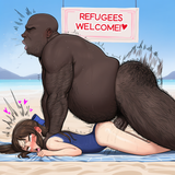 1girl, 1boy, artist_jlullaby, fellatrix, incase, akipeko, year 2024, beach, very s-2459318969