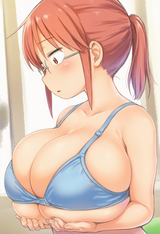 1girl, Kobayashi, huge breasts, red hair, glasses, hands on own breasts, no shir s-4232102784