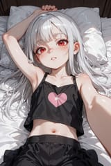 140809-162572970-preteen girl long hair silver hair red eyes freckles, midriff, loli, bed pov, lying arm in arm