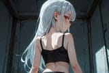 140814-1674183898-preteen girl long hair silver hair red eyes freckles, midriff, loli, from behind, from shoulder