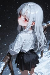 140823-3770380961-preteen girl long hair silver hair red eyes freckles, loli, from behind, from above shoulder, shoveling snow, skirt