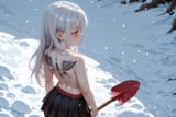 140834-2378646947-preteen girl long hair silver hair red eyes freckles, loli, from behind, from above shoulder, (shovel snow_1.5), skirt, topless,