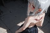 140840-58444214-preteen girl long hair silver hair red eyes freckles, loli, from behind, from above shoulder, skirt, topless, tattoo on back, ni