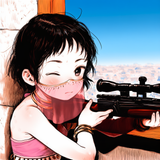 A girl in a harem outfit aiming a rifle out of a window, 1girl, loli, aged down, s-3610311451