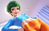16420-184161016-(((realistic,))) Posing, hands on hips, looking at viewer, blue crop top, long sleeve, low angle, brown eyes, _artist_kuvshinov
