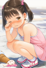 1girl, loli, aged down, pink dress, ice-cream cone, ice cream, dropped ice cream s-2460220468