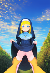 1girl, loli, aged down, nun, habit, skirt lift, no panties, pussy, pussy juice, s-1405785321