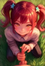 1girl, close-up, loli, twintails, hair balls, star hair ornament, pov, kneeling, s-1732416163