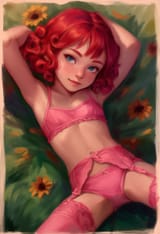 1girl, loli, lips, red hair, short hair, curly hair, blue eyes, body freckles, f s-3834521448
