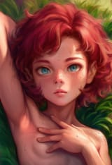 1girl, loli, lips, red hair, short hair, curly hair, blue eyes, body freckles, f s-2488824754