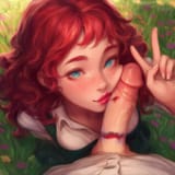 1girl, large breasts, red hair, curly hair, blue eyes, freckles, kissing penis, s-1068684378