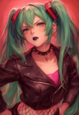 1girl, Hatsune Miku, punk, black lipstick, annoyed, hands on own hips, fishnets, s-571324118