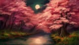 A river lined with cherry trees at midnight, No humans, wallpaper, night, sky, m s-1300353859