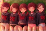 5 girls standing for a class photo against the blackboard, 5girls, school photo, s-1018319593