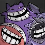 cloyster electrode and gengar all with vaguely troll faces laughing