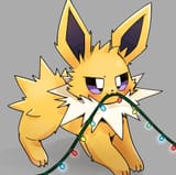 Jolteon biting christmas lights