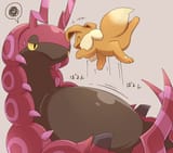eevee bouncing on the belly of a slightly annoyed scolipede on their back
