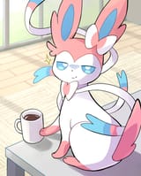 sylveon about to push mug of coffee off of table