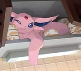 espeon lying among cans of fish in a cupboard