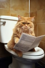cat-sitting-toilet-bowl-reading-newspapers-ai-generative-296429932
