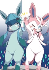 glaceon and sylveon standing and wearing headsets
