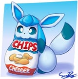glaceon holding a bag of chips with its mouth