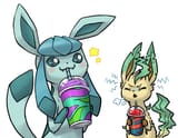 glaceon and leafeon drinking slurpees leafeon brainfreeze