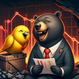 A canary in a suit laughing with a bear in a suit looking at red charts. They are sitting in a coalm