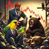 A canary in a suit laughing with a bear in a suit looking at red crashing charts. They are sitting i (3)